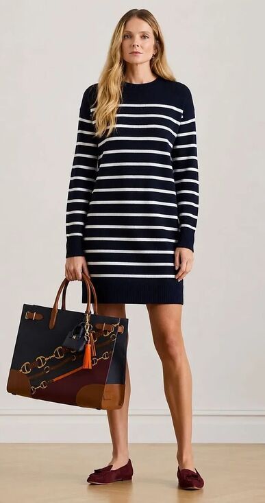 Ralph Lauren Dresses & Skirts - Ralph Lauren Navy & Cream Striped Wool Knit Sweater dress A46